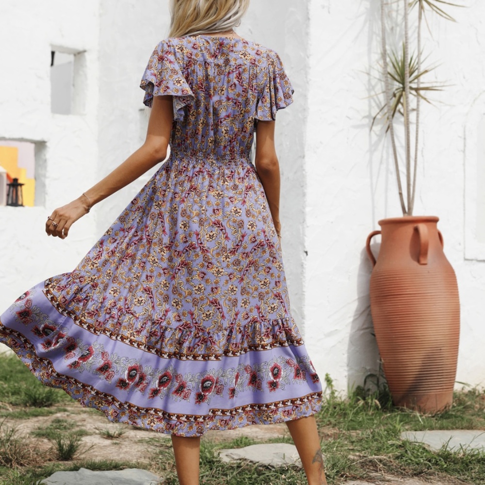 Boho Purple Butterfly Sleeve V neck Midi Dress - Picture 11 of 12